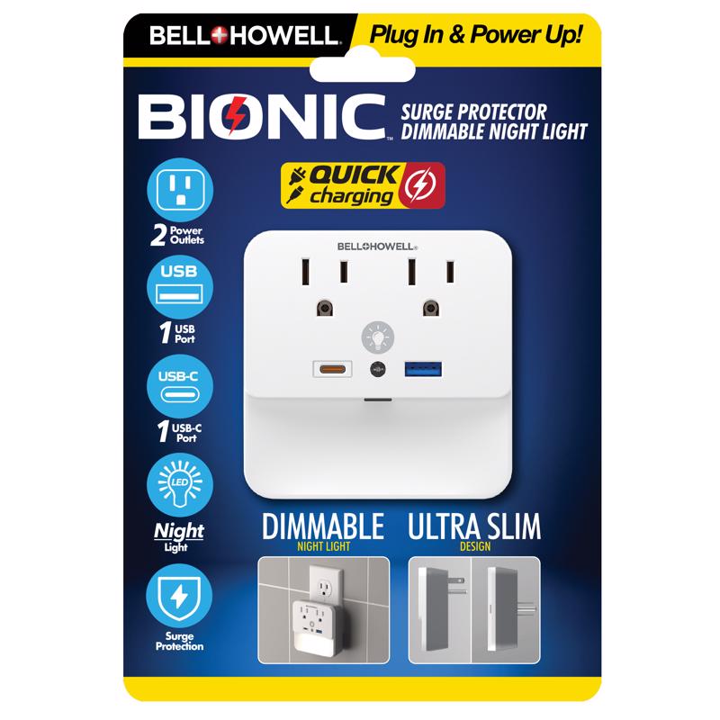 Emery Jensen as seen on TV plug with nightlight and two outlets, compact black electrical extension with built-in nightlight feature