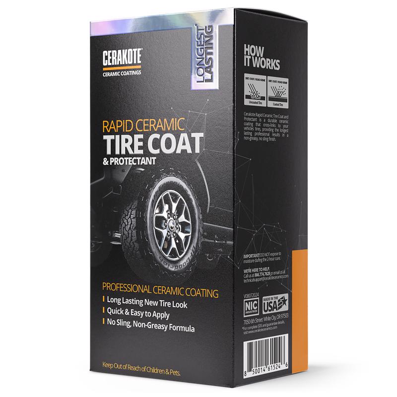 Emery Jensen Tire Coat protective spray for tires, shown on a vehicle, designed to enhance durability and appearance.