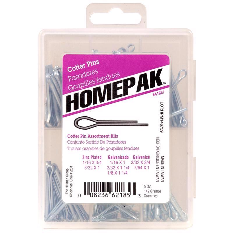 Assorted Emery Jensen cotter pin kit with various sizes for mechanical and automotive repairs, displayed in a clear plastic container.