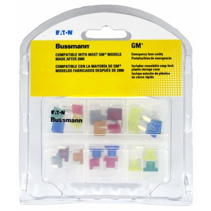 Emery Jensen emergency fuse kit with ATC and ATM fuses for GM vehicles, displayed in a compact case.