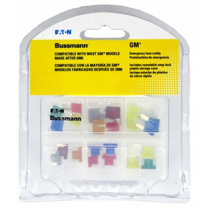 Emery Jensen emergency fuse kit with ATC and ATM fuses for GM vehicles, displayed in a compact case.