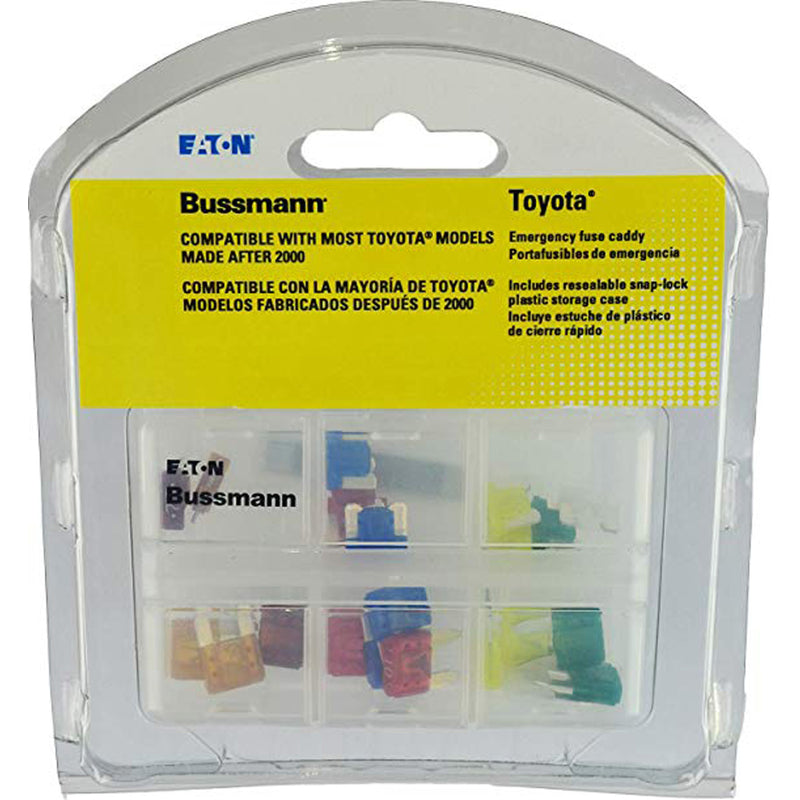 Emery Jensen ATC/ATM fuse for Toyota vehicles, emergency fuse kit with several replacement fuses on a white background.