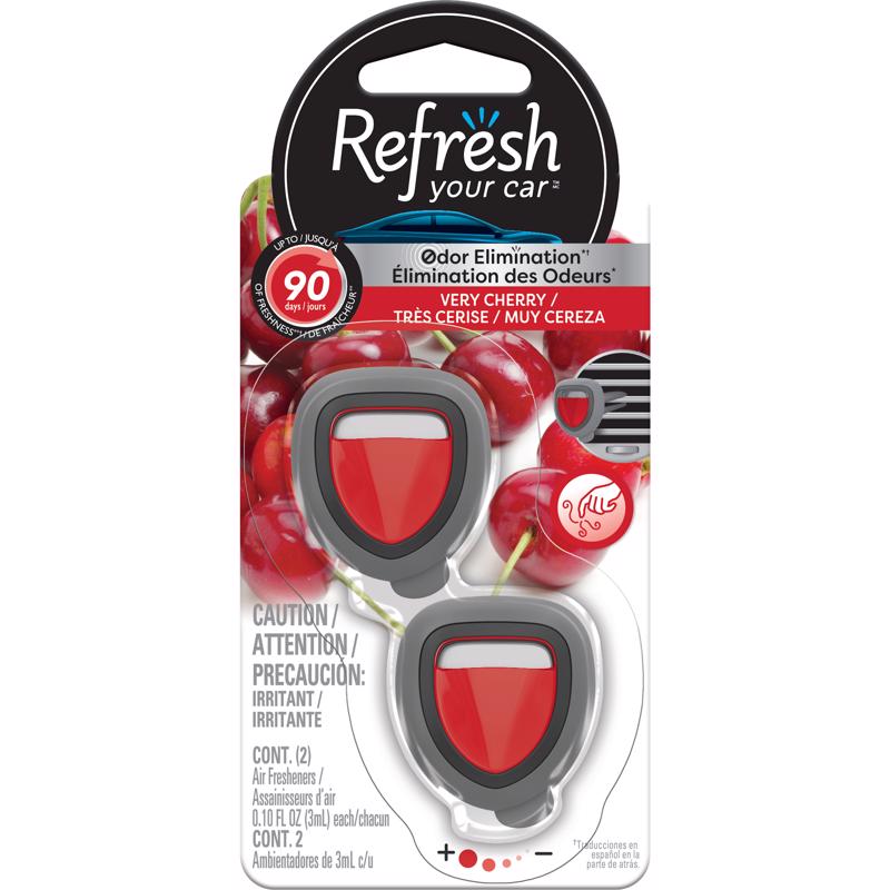Two Emery Jensen auto air fresheners with cherry scent in vent clip design, freshening car interiors naturally.