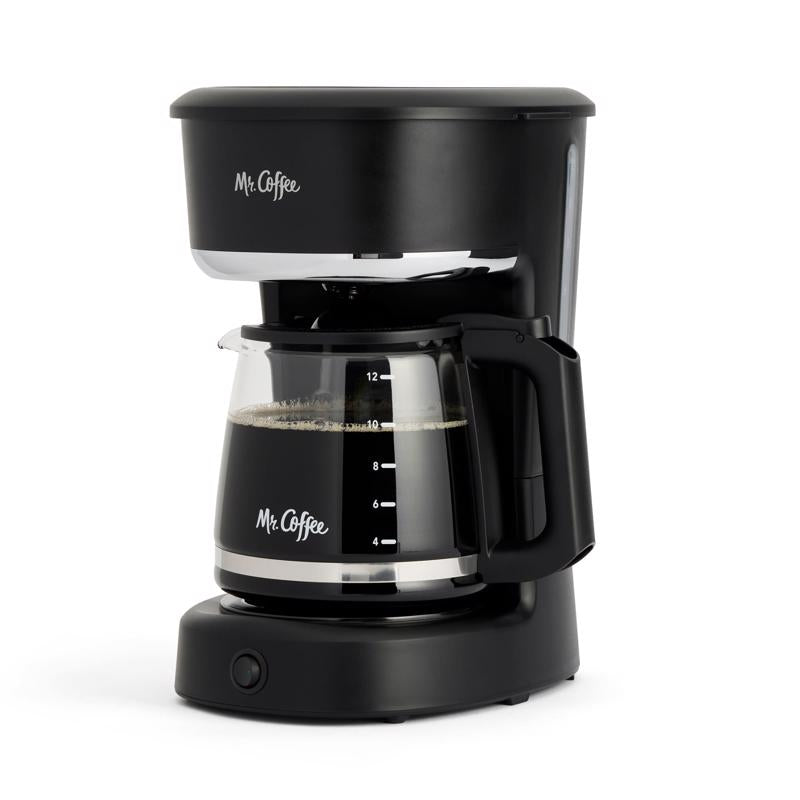 Black Emery Jensen 12-cup auto drip coffee maker with digital controls and glass carafe for fresh brewed coffee.