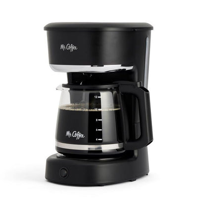 Black Emery Jensen 12-cup auto drip coffee maker with digital controls and glass carafe for fresh brewed coffee.