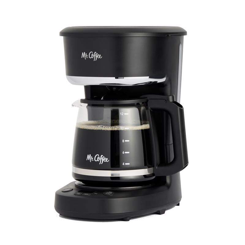 White Emery Jensen 12C auto drip coffee maker with glass carafe and digital controls for brewing fresh coffee.
