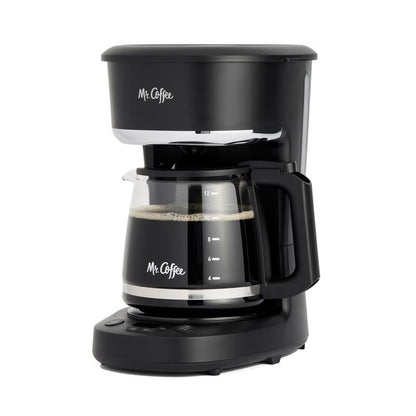 White Emery Jensen 12C auto drip coffee maker with glass carafe and digital controls for brewing fresh coffee.