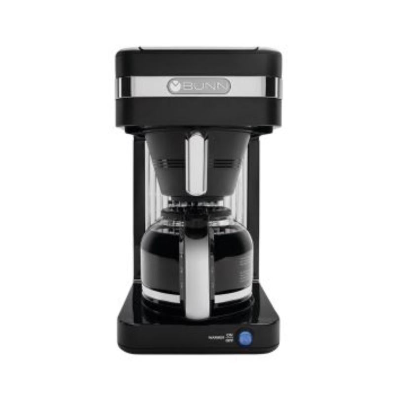 Emery Jensen 10-cup black and silver auto drip coffee maker with glass carafe on a countertop.