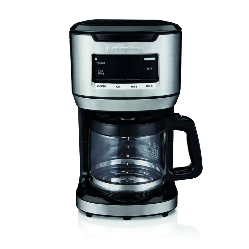 Emery Jensen black and silver 14-cup auto drip coffee maker with digital control panel on a countertop.