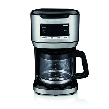 Emery Jensen black and silver 14-cup auto drip coffee maker with digital control panel on a countertop.