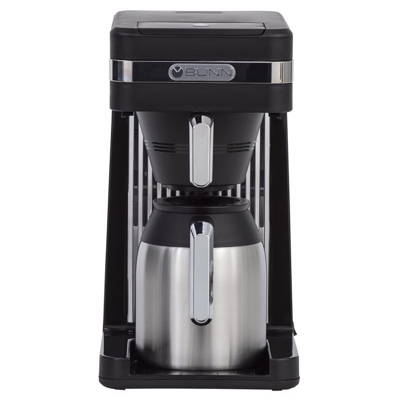 Emery Jensen auto drip coffee maker in black with a glass carafe and digital control panel, 10-cup capacity for brewing coffee.
