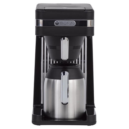 Emery Jensen auto drip coffee maker in black with a glass carafe and digital control panel, 10-cup capacity for brewing coffee.