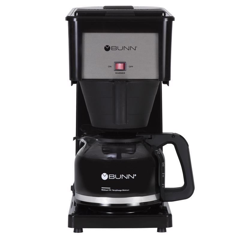 Emery Jensen 10C black auto drip coffee maker with digital controls and glass carafe for fresh brewed coffee.