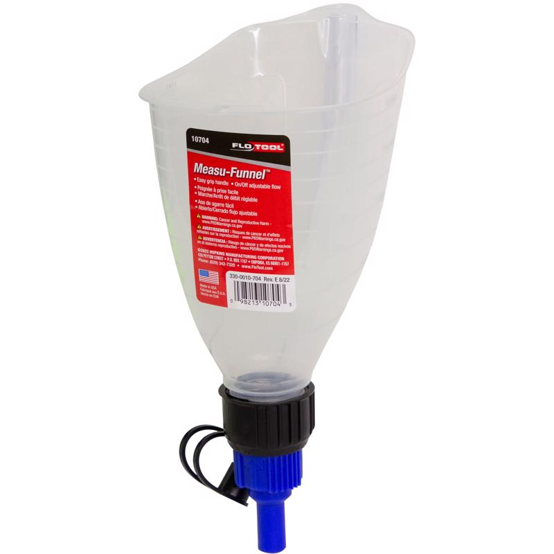 Emery Jensen FLO TOOL Measu-funnel for auto funnels, siphons, and pans, used in fluid transfer and liquid measurement.