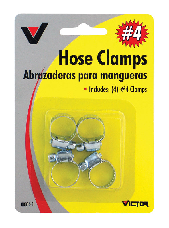 Set of four Emery Jensen auto hose clamps, 1/4 to 5/8 inch, for securing hoses in automotive applications.