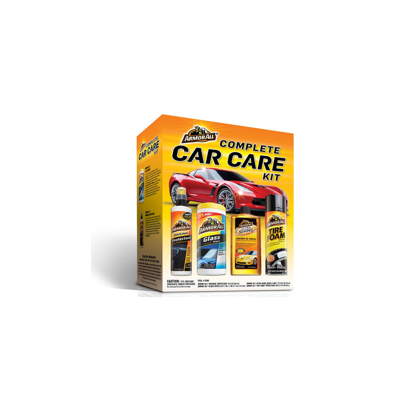 Emery Jensen Armor All auto wax and polish liquid car care kit with bottles of liquid wax and polishing products.