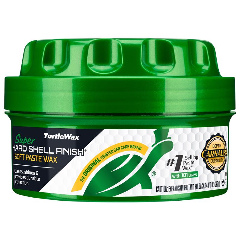 Emery Jensen Carwax S Hard Shell paste wax applied to a car's exterior for a shiny, protective finish in a 14oz container.