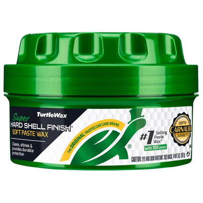 Emery Jensen Carwax S Hard Shell paste wax applied to a car's exterior for a shiny, protective finish in a 14oz container.