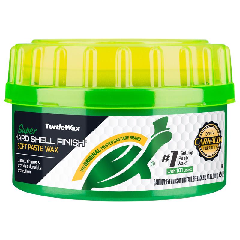 Emery Jensen Carwax S Hard Shell paste auto wax and polish in 9.5oz container showing a smooth, glossy surface on a car.