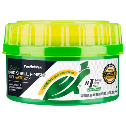 Emery Jensen Carwax S Hard Shell paste auto wax and polish in 9.5oz container showing a smooth, glossy surface on a car.