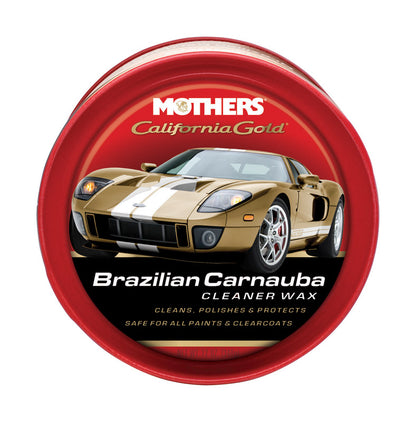 Emery Jensen California Gold auto wax paste in a container, designed for car polishing and shine enhancement.