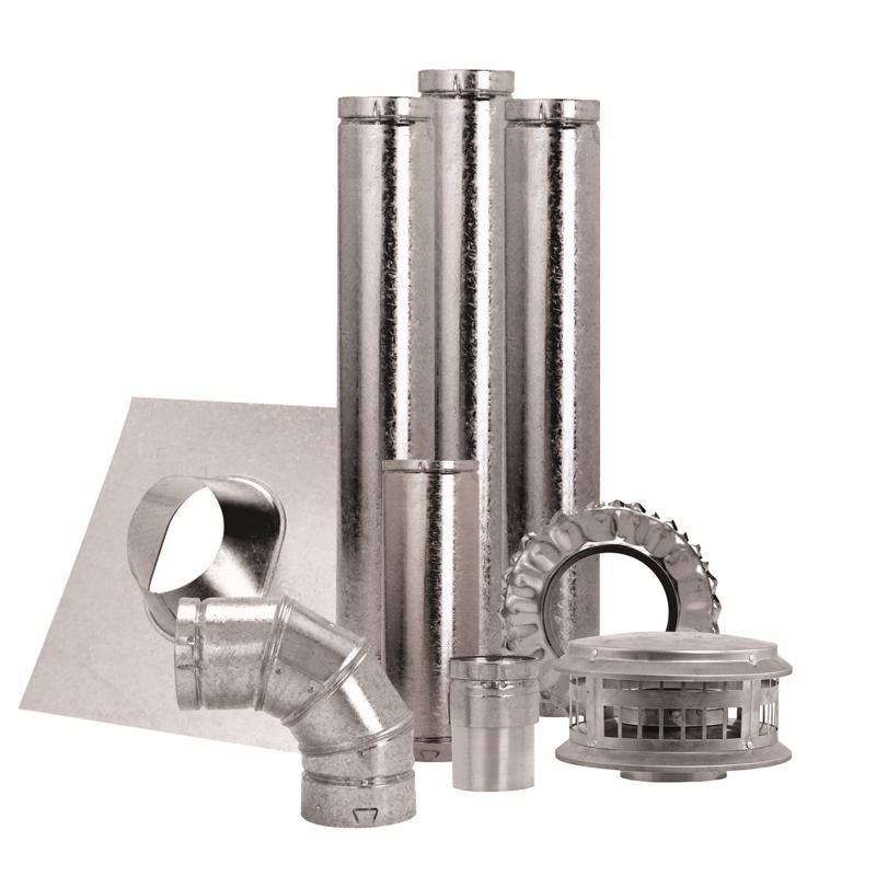 Alu/GS 84-inch B vent pipe kit by Emery Jensen, showing a close-up of the aluminum vent pipe with fittings and connectors.