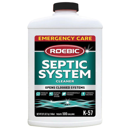 Emery Jensen CLEANR Septic Bacteria Q bacterial cleaners, pack of 4 bottles, for septic system maintenance and odor control.