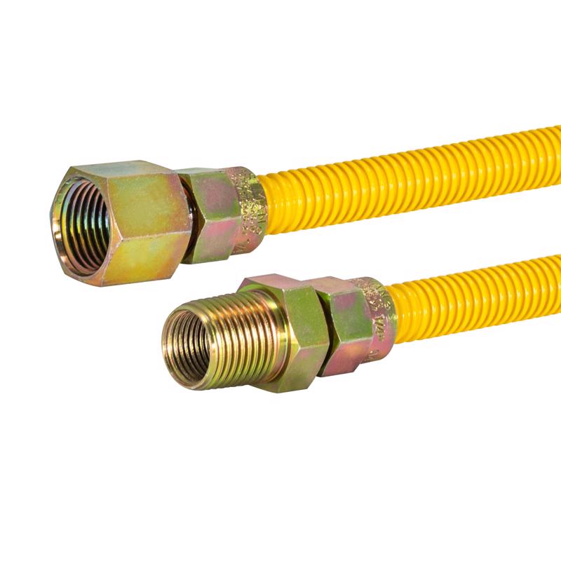 Emery Jensen bagged Pro-Coat gas connector, 1/2 inch female to male fitting, designed for secure gas line connections.