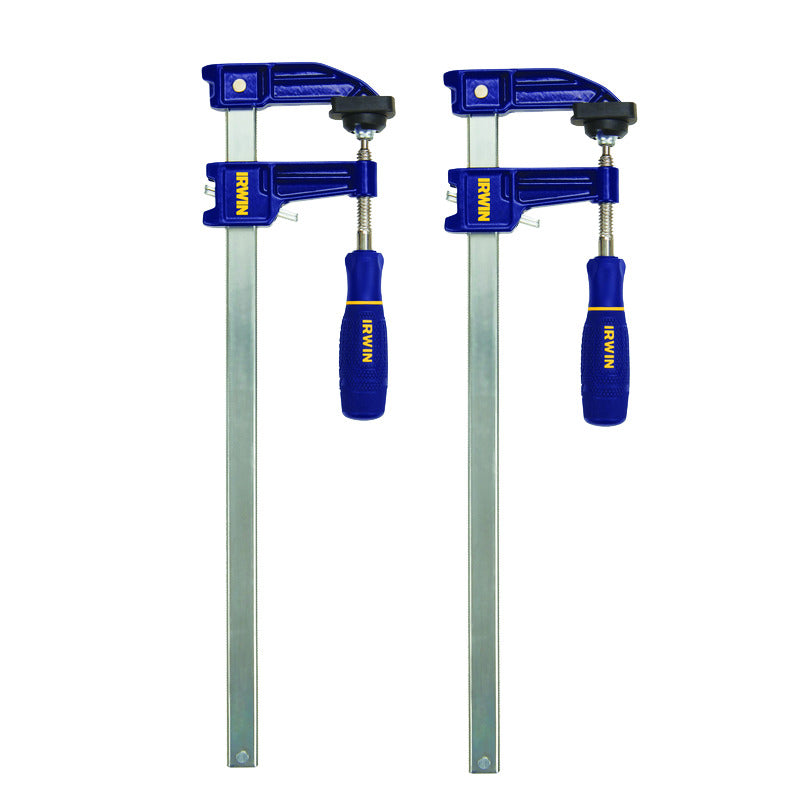 Two IRWIN F Clamps, 12-inch bar clamps by Emery Jensen, shown with metal bars and screw mechanisms for woodworking projects.