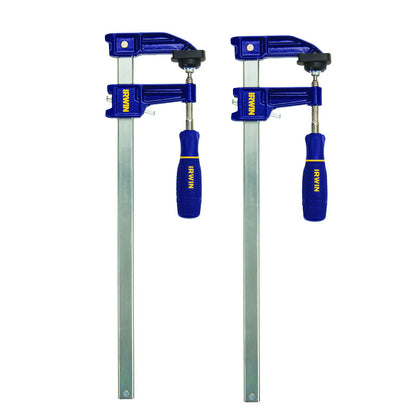 Two IRWIN F Clamps, 12-inch bar clamps by Emery Jensen, shown with metal bars and screw mechanisms for woodworking projects.