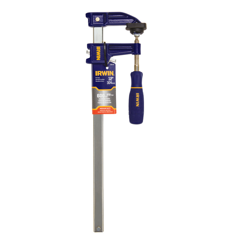 Emery Jensen IRWIN F Clamp, 12-inch bar clamp with 2.5-inch jaw opening, used for woodworking and construction projects.