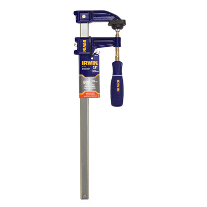 Emery Jensen IRWIN F Clamp, 12-inch bar clamp with 2.5-inch jaw opening, used for woodworking and construction projects.