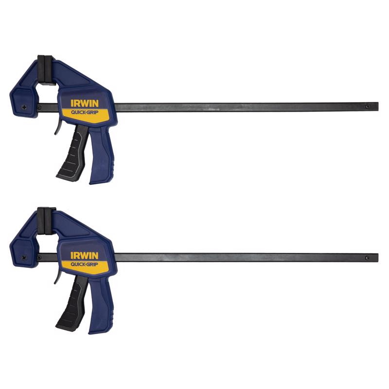 Pair of Emery Jensen Mini QuikGrip Bar Clamps, 12-inch size, shown with black plastic handles and metal clamps for woodworking.
