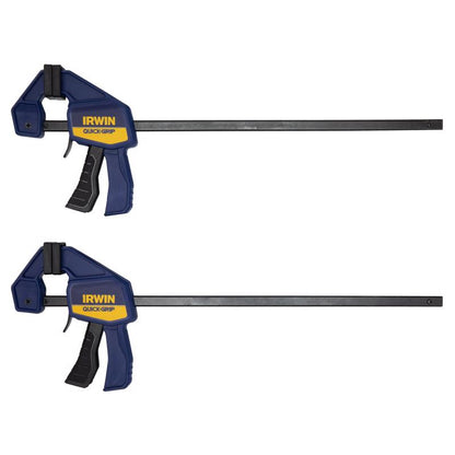 Pair of Emery Jensen Mini QuikGrip Bar Clamps, 12-inch size, shown with black plastic handles and metal clamps for woodworking.