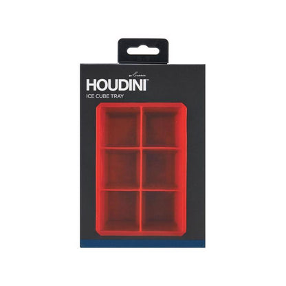 Red silicone ice tray from Emery Jensen bar tools set, perfect for making ice cubes for drinks.
