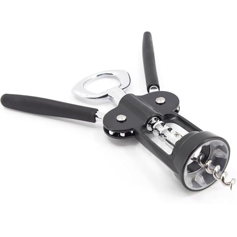 Black and silver Emery Jensen wing corkscrew bar tool with ergonomic handle for easy wine bottle opening.