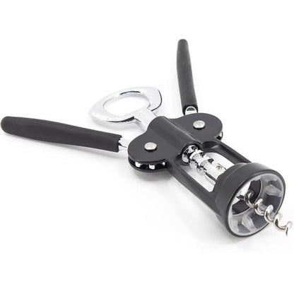 Black and silver Emery Jensen wing corkscrew bar tool with ergonomic handle for easy wine bottle opening.