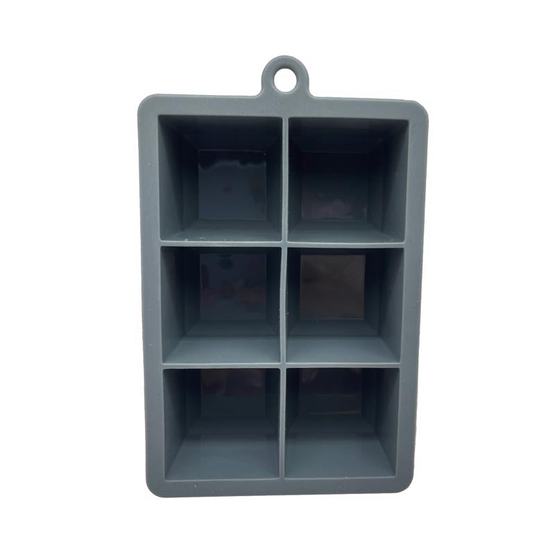 Silicone ice cube tray by Emery Jensen for barware, with large ice cubes in a clear silicone mold.
