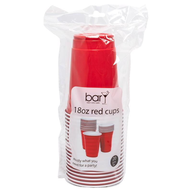 Set of 20 red 18oz plastic cups by Emery Jensen, ideal for barware and party use, featuring durable, lightweight design.