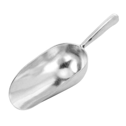 Silver metal ice scoop by Emery Jensen, a barware accessory used for serving ice in drinks.