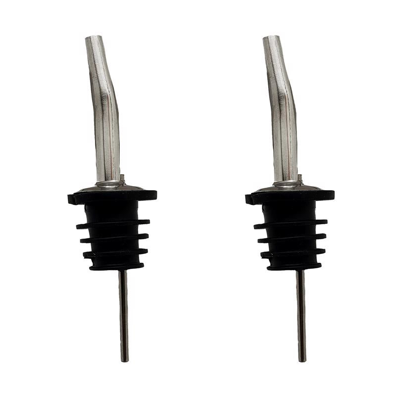 Set of two stainless steel liquor pourers by Emery Jensen for barware accessories, designed for precise pouring of spirits.