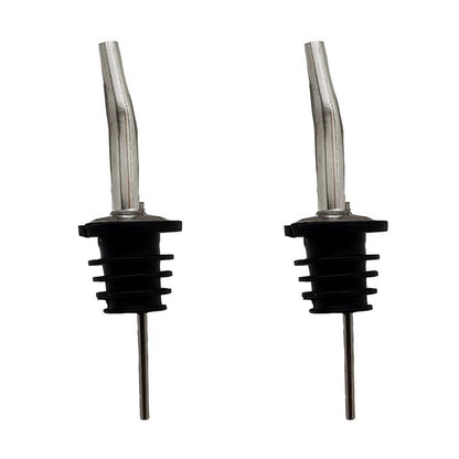 Set of two stainless steel liquor pourers by Emery Jensen for barware accessories, designed for precise pouring of spirits.