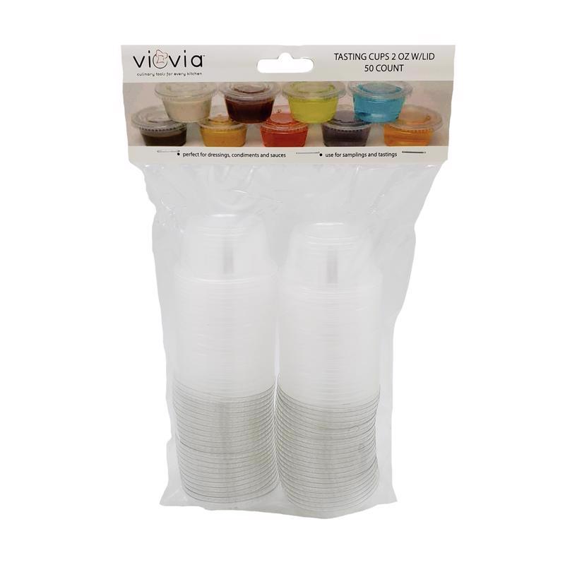 Set of 50 Emery Jensen tasting cups with lids, barware accessories for serving samples or beverages in a professional setting.
