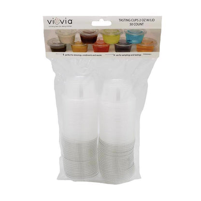 Set of 50 Emery Jensen tasting cups with lids, barware accessories for serving samples or beverages in a professional setting.