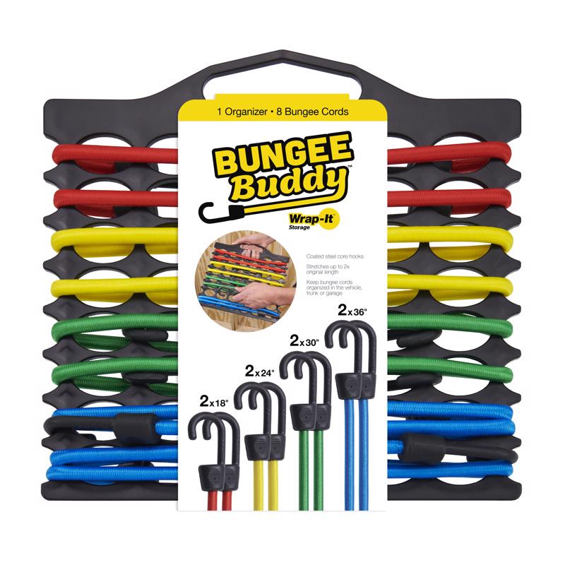 Emery Jensen bungee cord set, 8-pack, for basement and garage storage, with adjustable hooks and durable elastic cords.