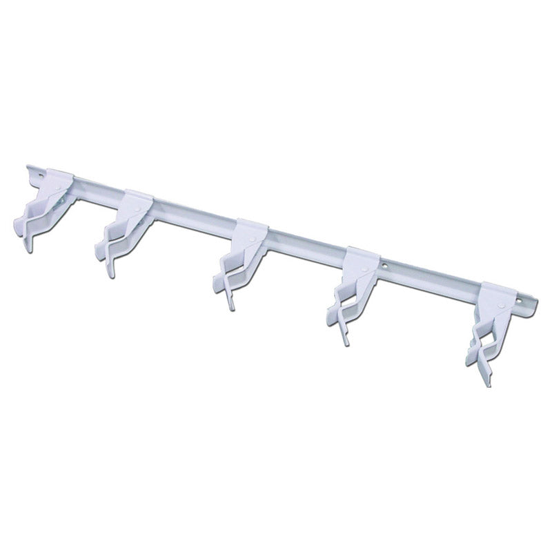 Emery Jensen 17-inch white clip spring bar for basement and garage storage, shown installed in a storage space.