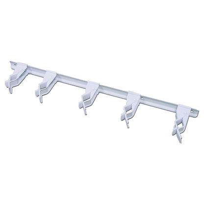 Emery Jensen 17-inch white clip spring bar for basement and garage storage, shown installed in a storage space.