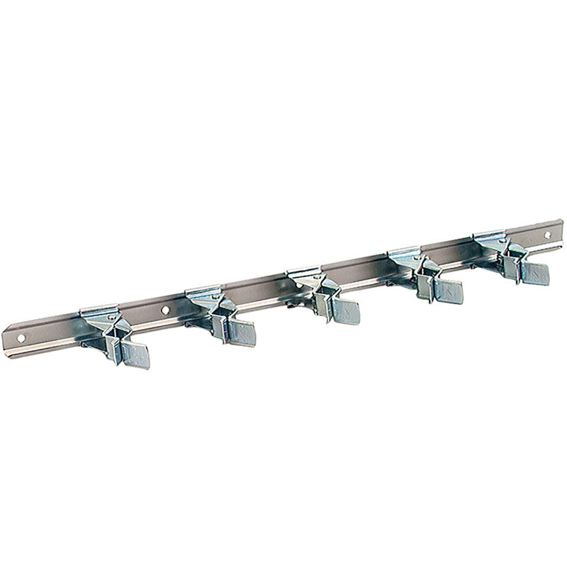 Emery Jensen clip tension bar with 5 clamps for basement and garage storage organization, mounted on wall.
