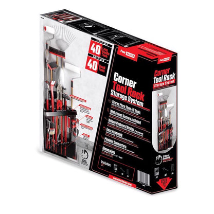 Emery Jensen corner tool rack for basement or garage storage, with multiple hooks for organizing tools and equipment.