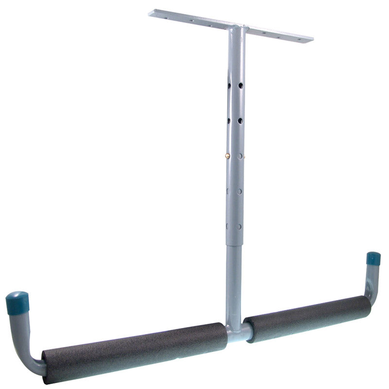 Emery Jensen overhead hanger storage unit for basement or garage organization, mounted on the ceiling for space-saving storage.